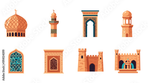 Collection of middle eastern architecture elements in flat design style