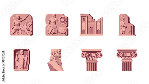 Ancient mesopotamian reliefs and architecture set in flat design