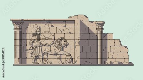 Ancient mesopotamian wall relief with warrior and lion