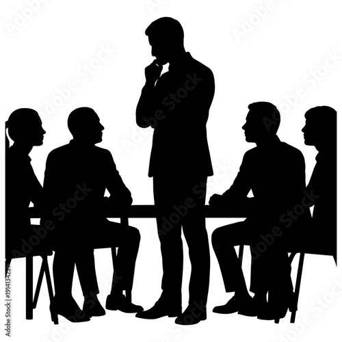 Business people and family silhouettes in black vector illustration walking sitting and meeting together