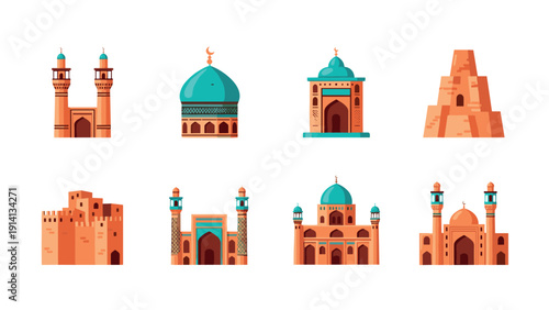 Colorful middle eastern architectural landmarks set in flat design on white background