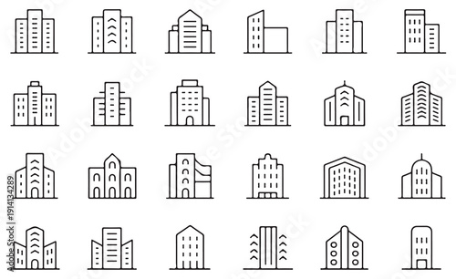 Minimalist building outline icons collection for urban planning and real estate marketing graphic material