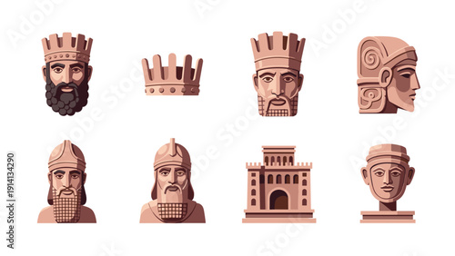 Ancient mesopotamian icons set featuring kings, warriors, and architecture