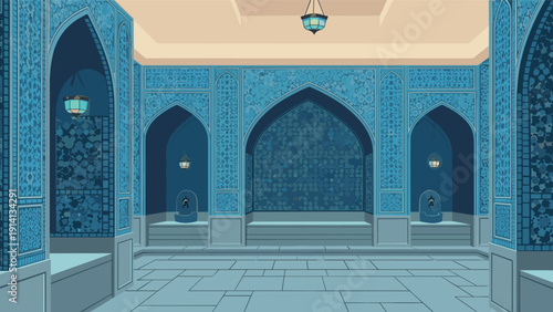 Intricate middle eastern interior with blue mosaic patterns and arched architecture