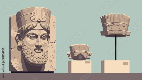 Ancient mesopotamian artifacts exhibit with stone carved head and sculptures