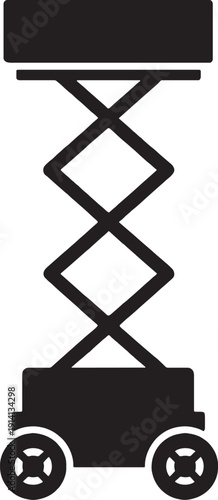 Black silhouette of a mobile scissor lift on wheels, isolated on white