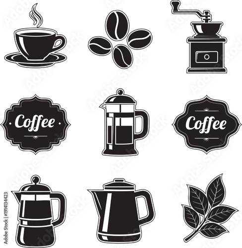 A professional vector illustration of a steaming hot cup of black coffee served on a wooden table in a cozy cafe setting for breakfast or break time.