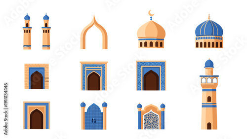 Traditional middle eastern architecture elements with mosque details in flat design