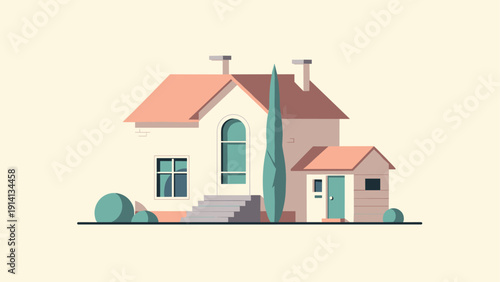 Cozy suburban house with trees in flat design