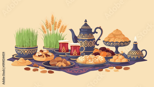 Traditional persian tea and dessert spread with ornate patterns