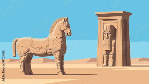 Ancient desert artifacts: classical stone horse and architectural sculptures in sandy landscape