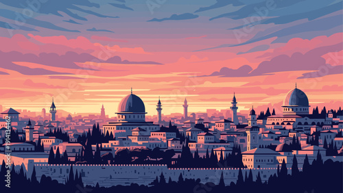 Sunset over historic cityscape with silhouetted domes and towers