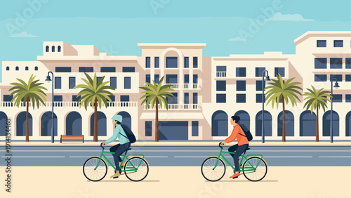 Urban beachfront cyclists in mediterranean city scene with palm trees