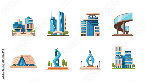 Futuristic cityscape architecture with modern urban buildings and unique sculptures