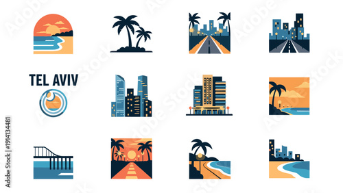 Cityscapes and beaches of tel aviv: modern flat icon collection