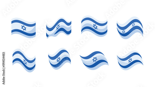 Set of eight waving israeli flags