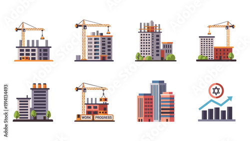 Flat construction site and urban buildings set with crane and growth arrow chart