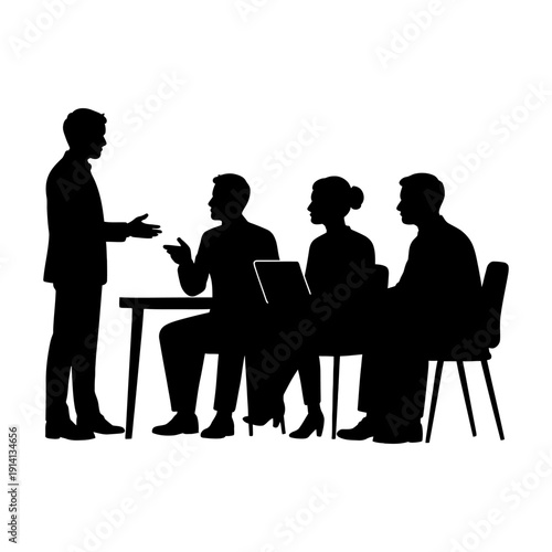 People silhouettes in a cafe sitting at tables working and having coffee