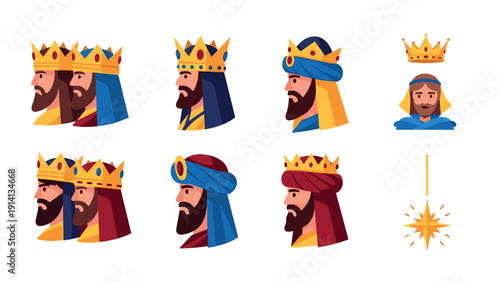 Medieval kings with crowns and turbans in cartoon style