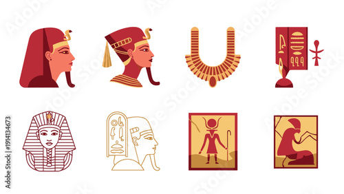 Ancient egyptian elements set: pharaoh icons and hieroglyphic symbols in flat design