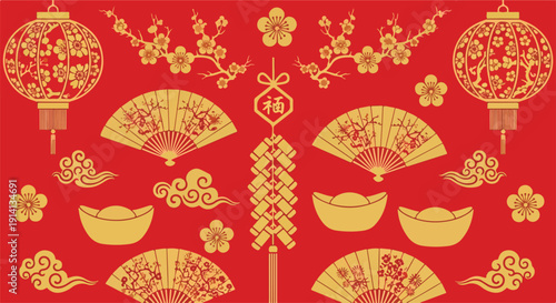 Festive Chinese New Year pattern in red and gold, featuring lanterns, fans, cherry blossoms, lucky ingots, and firecrackers, symbolizing prosperity for Lunar New Year