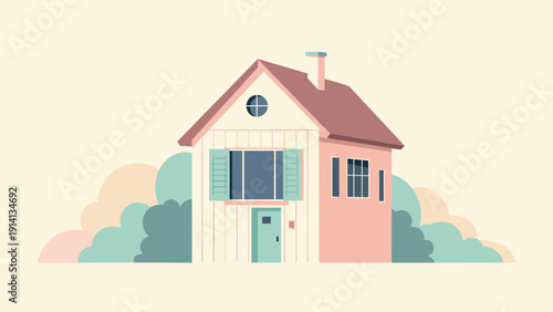 Charming pastel cottage with green shutters and gabled roof in minimalist style