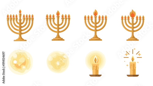 Hanukkah menorah and candle designs with flames in modern flat style