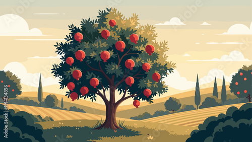 Fruit tree in idyllic countryside landscape with rolling hills and clear sky