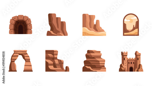 Desert rock formations and structures collection in flat style