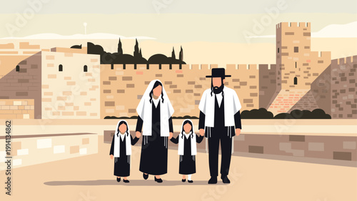 Family at historic site in traditional attire with ancient stone walls background
