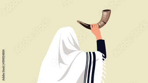 Person holding shofar in traditional attire illustration