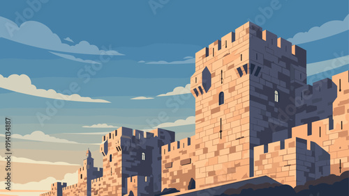 Medieval castle architecture against a clear sky in flat style