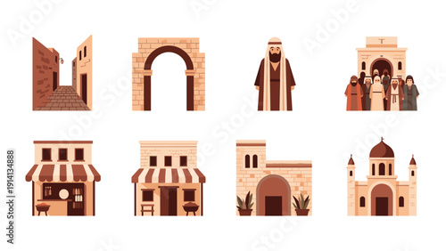Ancient middle eastern architecture and culture set in flat style