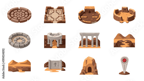 Ancient architectural landmarks set with isometric structures and landmark icons
