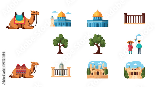 Colorful middle eastern elements: camels, architecture, nature and culture