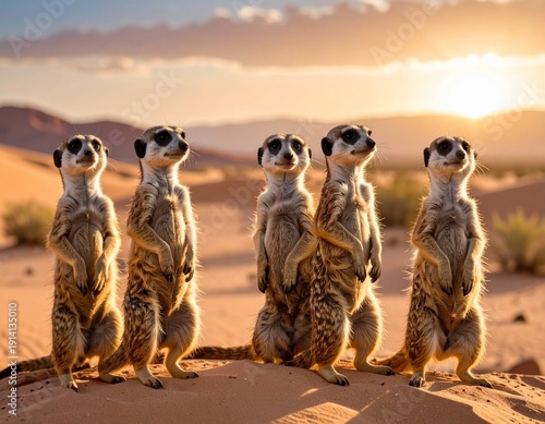 Groupe de Suricates, ou sentinelles du désert, dans leur environnement naturel. Generated Image. 