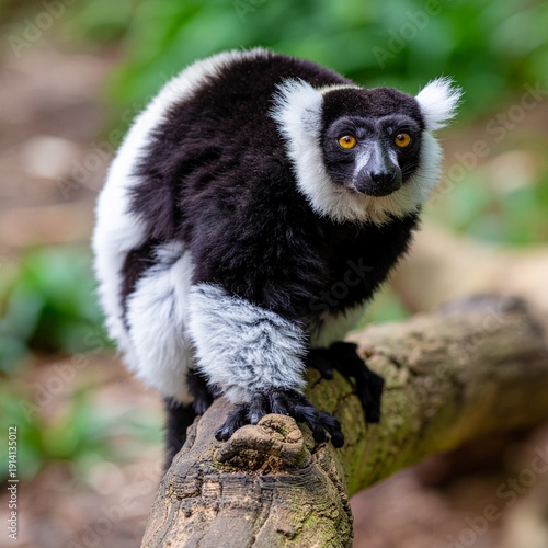 Vari noir et blanc (Varecia variegata), lémurien arboricole habitant les forêts tropicales humides de Madagascar.  Generated image. 