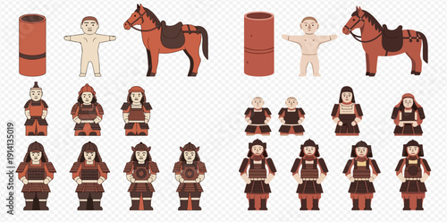 Terracotta Army figures and horses in various stages of assembly, depicting ancient Chinese warriors and their mounts.