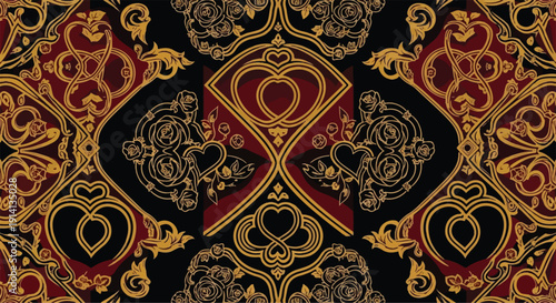 Luxurious Golden Ornate Pattern with Heart Motifs on Black Background - Exquisite Decorative Design for Festive Occasions