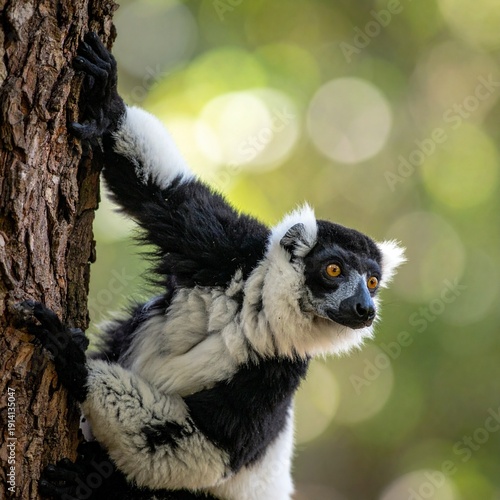 Vari noir et blanc (Varecia variegata), lémurien arboricole habitant les forêts tropicales humides de Madagascar.  Generated image. 
