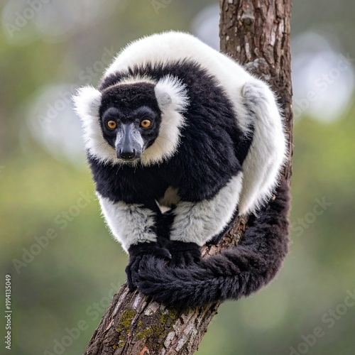Vari noir et blanc (Varecia variegata), lémurien arboricole habitant les forêts tropicales humides de Madagascar.  Generated image. 