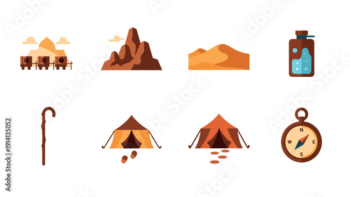 Desert adventure icons: campsite, compass, caravan, and more in flat design