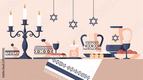 Festive hanukkah dining table with traditional decorations and candlelight ambience