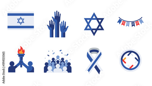 Israel independence day symbols collection: flags, star of david, unity icons