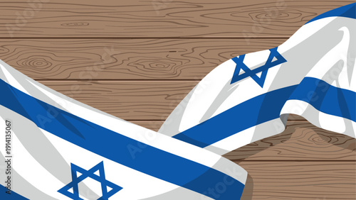 Israeli flags on wooden surface with textured background and fabric details