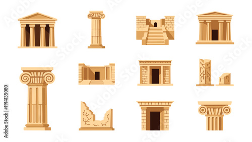 Ancient architectural columns and temples flat design collection