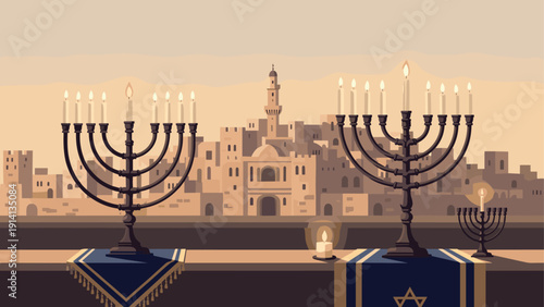 Hanukkah celebration: menorahs illuminating ancient city skyline at dusk
