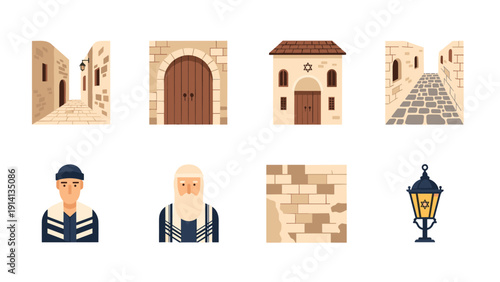 Flat icon set of jewish quarter elements with streets, architecture, and people