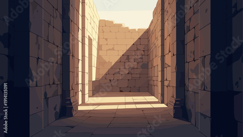 Ancient stone corridor with sunlight and shadows in a historical ruin