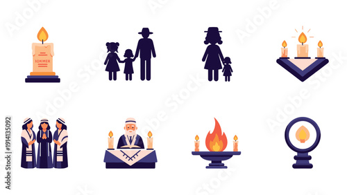 Jewish traditions: family and candle rituals in simplistic flat design